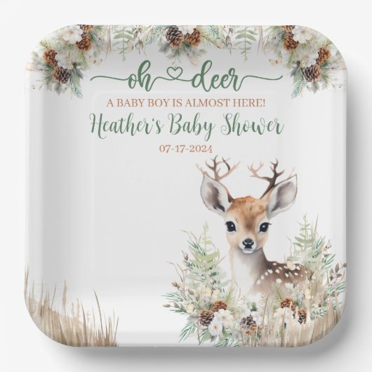 Woodland Deer Baby shower Boy Papieren Bordje (Voorkant)