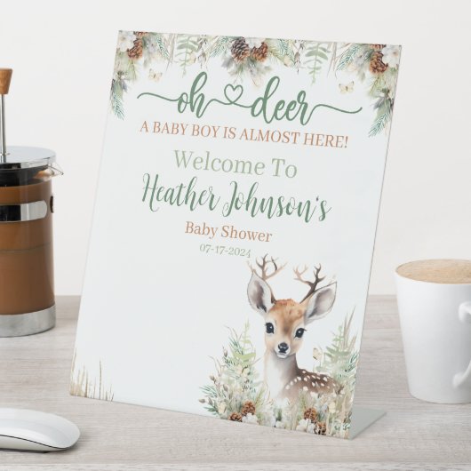 Woodland Deer Baby shower Boy Reclamebord Met Voetstuk (Insitu)