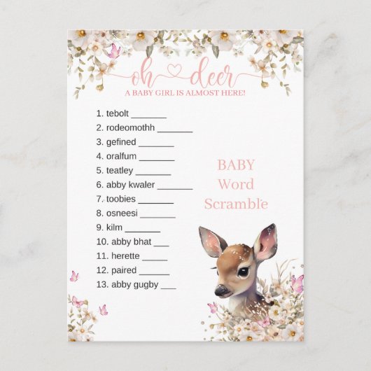 Woodland Deer Baby shower Game Briefkaart (Voorkant)