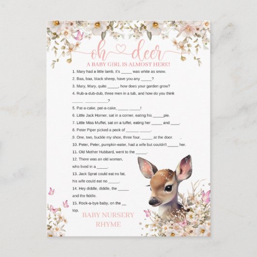 Woodland Deer Baby shower Game Briefkaart (Voorkant)