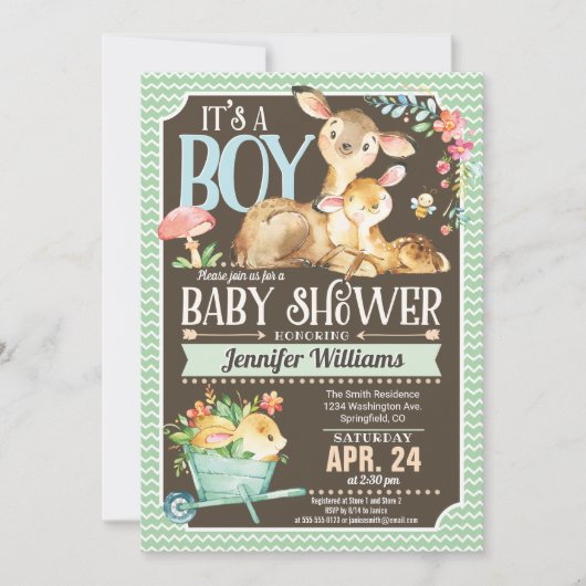 Woodland Deer Baby shower Invitation Boy Kaart (Voorkant)