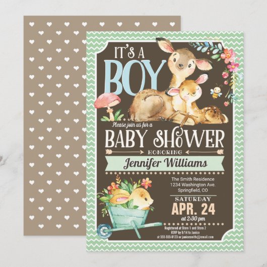 Woodland Deer Baby shower Invitation Boy Kaart (Voorkant / Achterkant)
