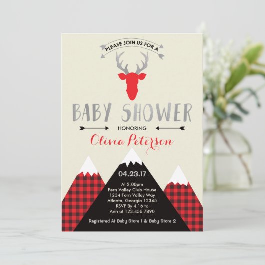 Woodland Deer Baby shower Invitation, Faux Folie Kaart (Staand voorkant)