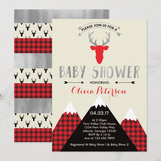 Woodland Deer Baby shower Invitation, Faux Folie Kaart (Voorkant / Achterkant)