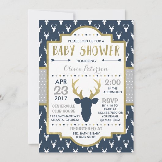 Woodland Deer Baby shower Invitation, Faux Folie Kaart (Voorkant)