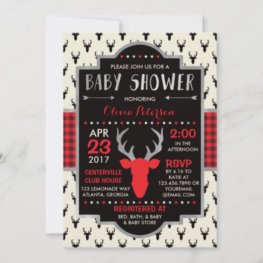Woodland Deer Baby shower Invitation, Faux Folie Kaart (Voorkant)