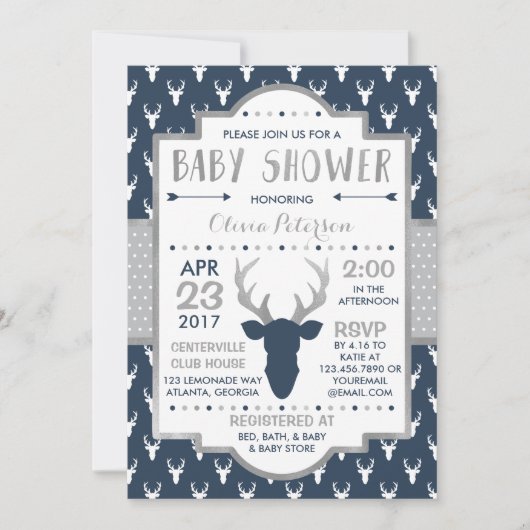 Woodland Deer Baby shower Invitation, Faux Folie Kaart (Voorkant)