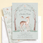 Woodland Deer Baby Shower Invitation Kaart<br><div class="desc">Celebrate your little one on the way with this sweet woodland deer baby shower invitation. This elegant watercolor design features a gentle fawn standing beneath soft leafy trees with delicate florals and a tiny bird, creating a charming forest scene. The calming sage green background and hand-painted botanical details give this...</div>