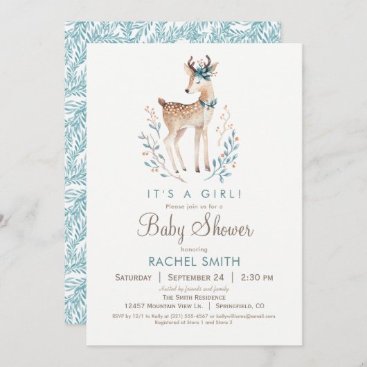 Woodland Deer Baby shower Invitation Kaart (Voorkant / Achterkant)