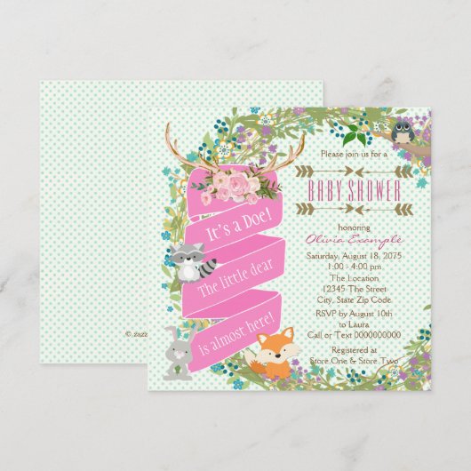 Woodland Deer Baby shower Kaart (Voorkant / Achterkant)