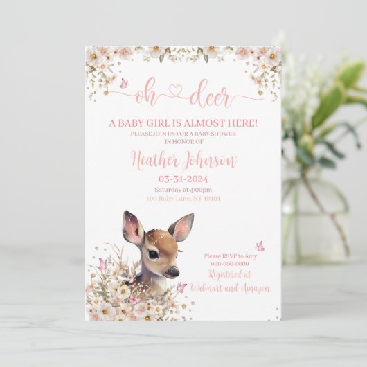 Woodland Deer Baby shower Meisje Kaart (Staand voorkant)