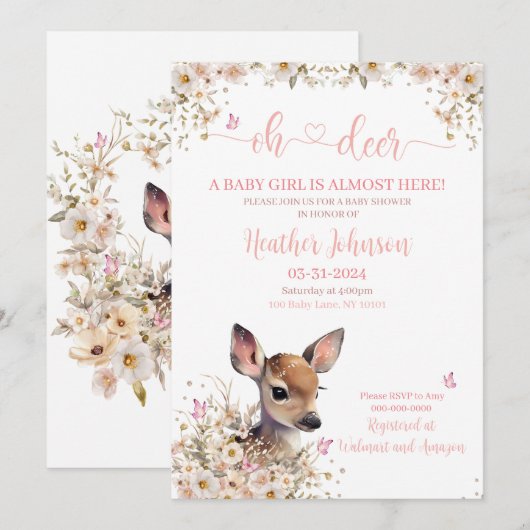 Woodland Deer Baby shower Meisje Kaart (Voorkant / Achterkant)