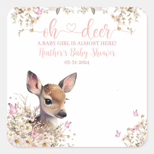 Woodland Deer Baby shower Meisje Vierkante Sticker (Voorkant)