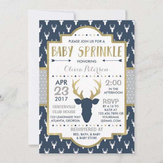 Woodland Deer Baby Sprinkle Invitation, Faux Folie Kaart (Voorkant)