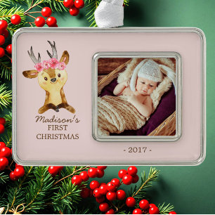 Woodland Deer Baby's 1e kerstfoto Ornament
