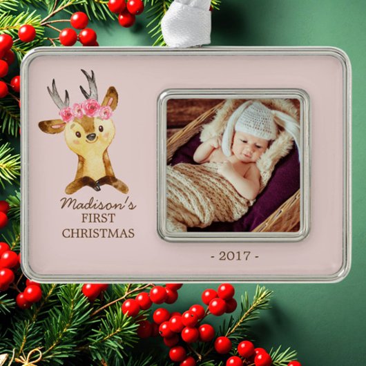 Woodland Deer Baby's 1e kerstfoto Ornament