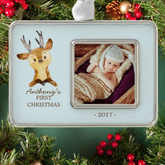 Woodland Deer Baby's 1e kerstfoto Ornament