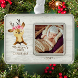 Woodland Deer Baby's 1e kerstfoto Ornament