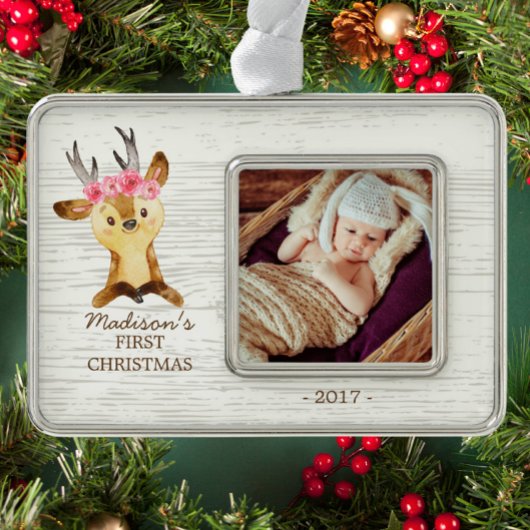 Woodland Deer Baby's 1e kerstfoto Ornament