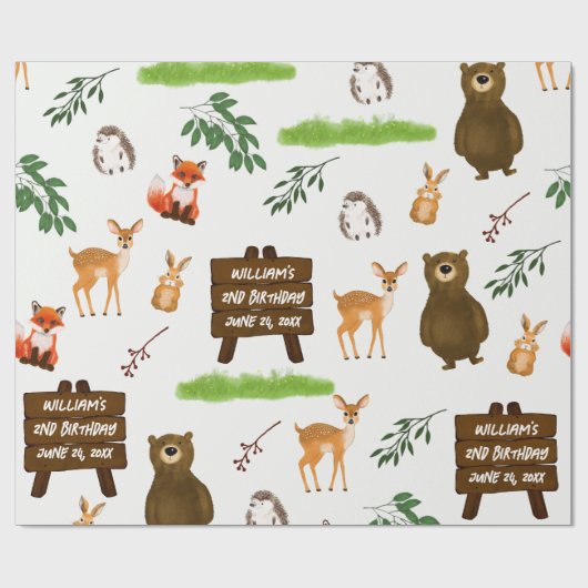 Woodland Deer Bear Rabbit Fox Hedgehog Birthday Cadeaupapier (Vlak)