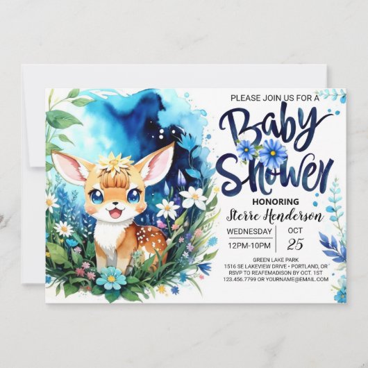 Woodland Deer Blue Boy Baby shower Kaart (Voorkant)