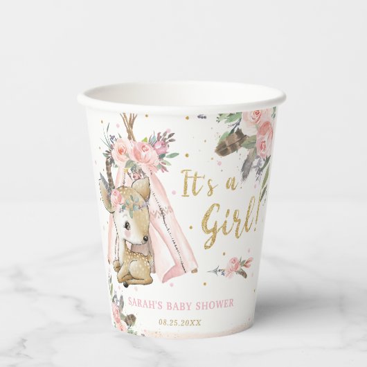 Woodland Deer Boho Tribal Meisje Baby shower Papieren Bekers (Voorkant)