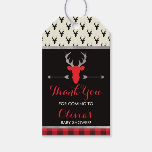 Woodland Deer Dank u Label, gewei, Baby shower Cadeaulabel (Voorkant)
