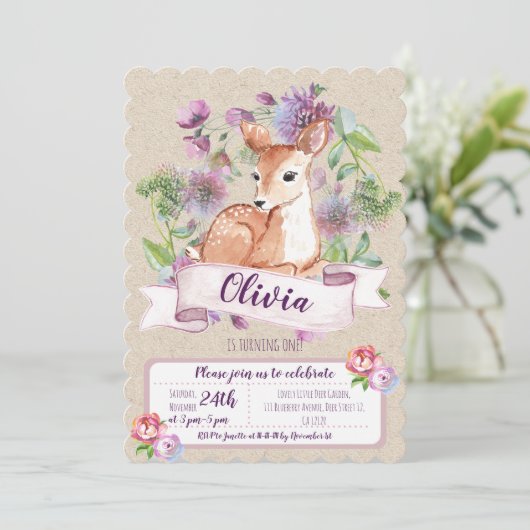 Woodland Deer eerste verjaardagsuitnodiging Kaart (Staand voorkant)