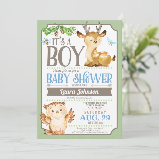 Woodland Deer en Owl Boy Baby shower Kaart (Staand voorkant)