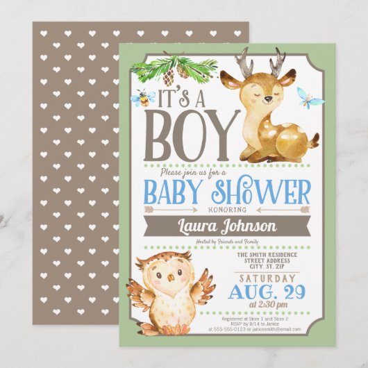 Woodland Deer en Owl Boy Baby shower Kaart (Voorkant / Achterkant)
