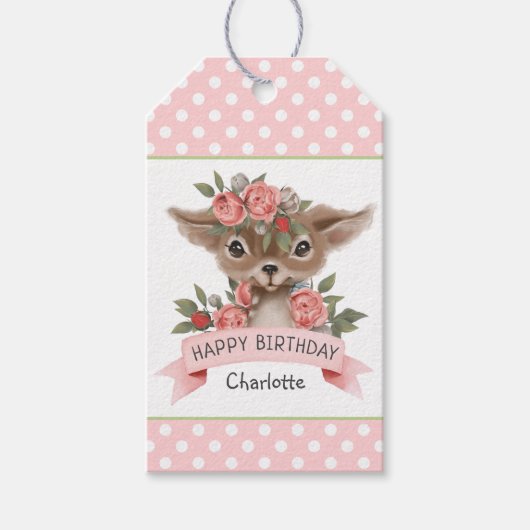 Woodland Deer en Polka Dots Girl's Birthday Party Cadeaulabel (Voorkant)