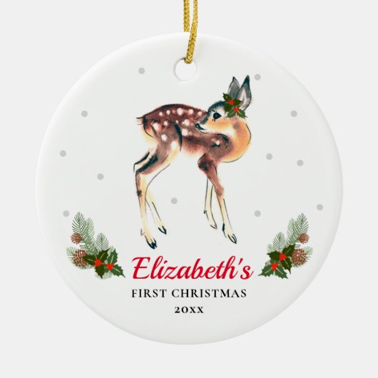 Woodland Deer Fawn Baby's 1e Kerstmis Aangepast Keramisch Ornament (Voorkant)