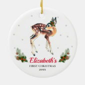 Woodland Deer Fawn Baby's 1e Kerstmis Aangepast Keramisch Ornament (Achterkant)