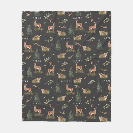 Woodland Deer Fawn Pattern Baby Green Baby Name Fleece Deken (Voorkant)