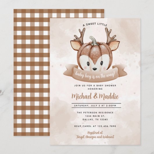 Woodland Deer Fawn Pumpkin Baby shower Invitation Kaart (Voorkant / Achterkant)