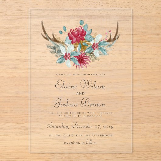 Woodland Deer Floral Antler Winter Wedding Acryl Uitnodigingen (Voorkant)