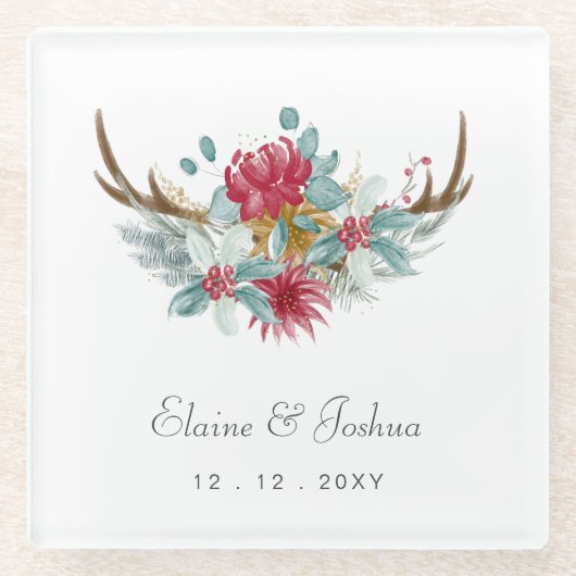 Woodland Deer Floral Antler Winter Wedding Glazen Onderzetter (Voorkant)