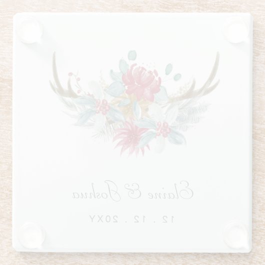 Woodland Deer Floral Antler Winter Wedding Glazen Onderzetter (Achterkant)