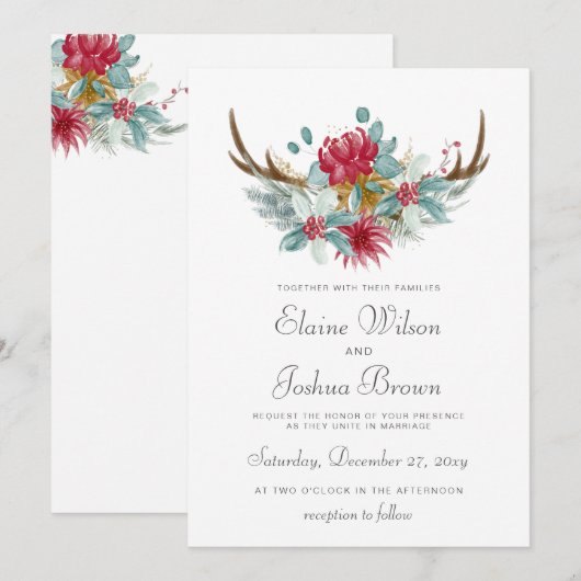 Woodland Deer Floral Antler Winter Wedding Kaart (Voorkant / Achterkant)