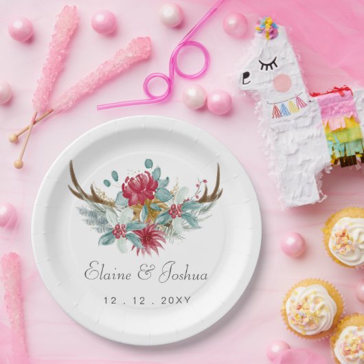 Woodland Deer Floral Antler Winter Wedding Papieren Bordje (Feest)