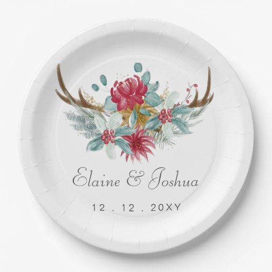 Woodland Deer Floral Antler Winter Wedding Papieren Bordje (Voorkant)