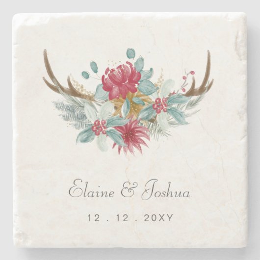 Woodland Deer Floral Antler Winter Wedding Stenen Onderzetter (Voorkant)