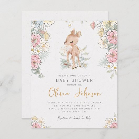 Woodland Deer Floral Baby shower Invitation (Voorkant / Achterkant)