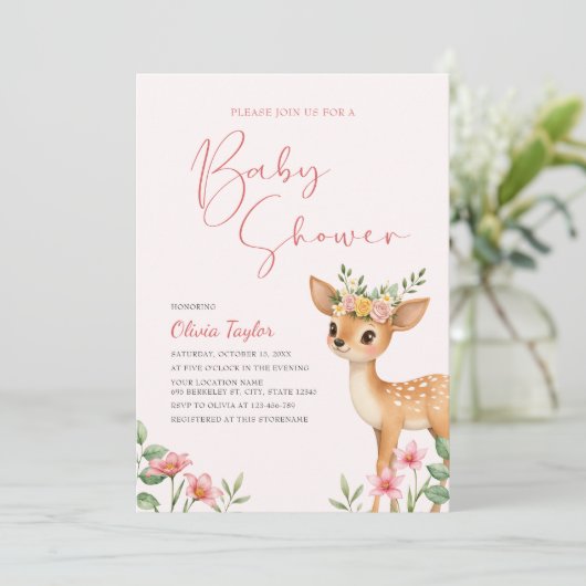 Woodland Deer Floral Baby shower Kaart (Staand voorkant)