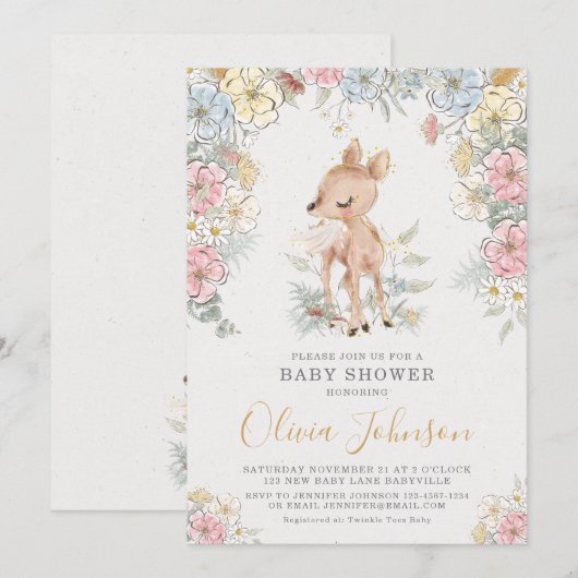 Woodland Deer Floral Baby shower Kaart (Voorkant / Achterkant)
