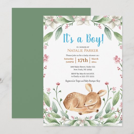 Woodland Deer Floral Greenery Boy Baby shower Kaart (Voorkant / Achterkant)