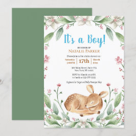 Woodland Deer Floral Greenery Boy Baby shower Kaart