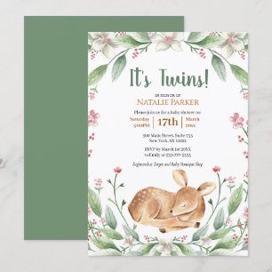 Woodland Deer Floral Greenery Twins Baby shower Kaart