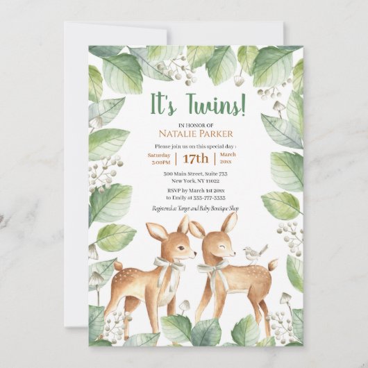 Woodland Deer Floral Greenery Twins Baby shower Kaart (Voorkant)