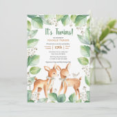 Woodland Deer Floral Greenery Twins Baby shower Kaart (Staand voorkant)